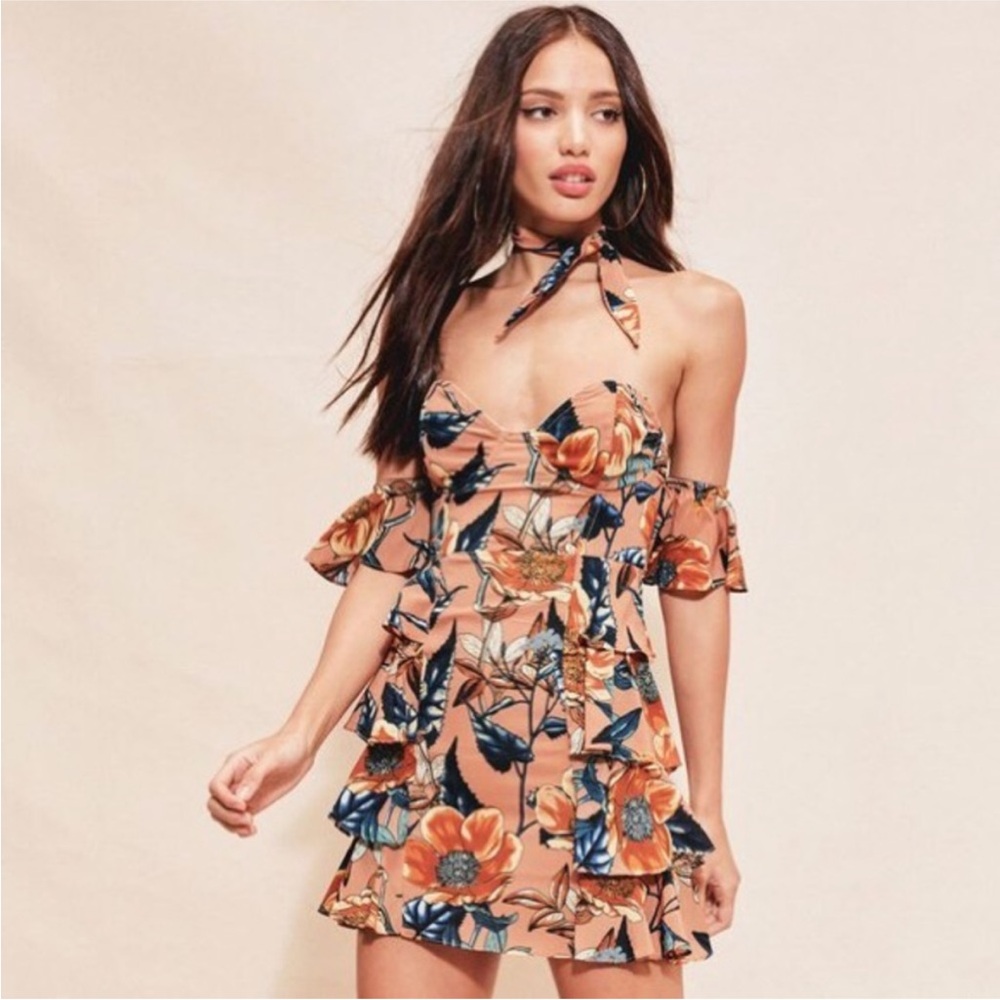 For Love & Lemons Flamenco Strapless Floral and Neck Scarf Dress Small